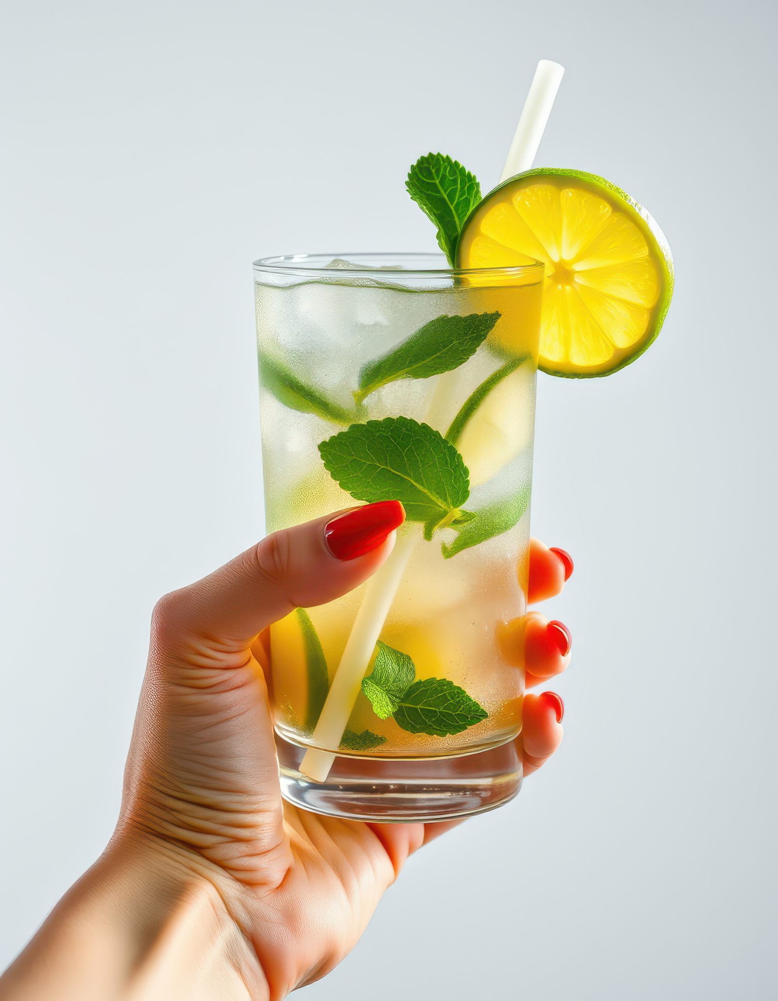 Refreshing mint and lemon beverage served in a clear glass with ice and garnished for a vibrant summer sip
